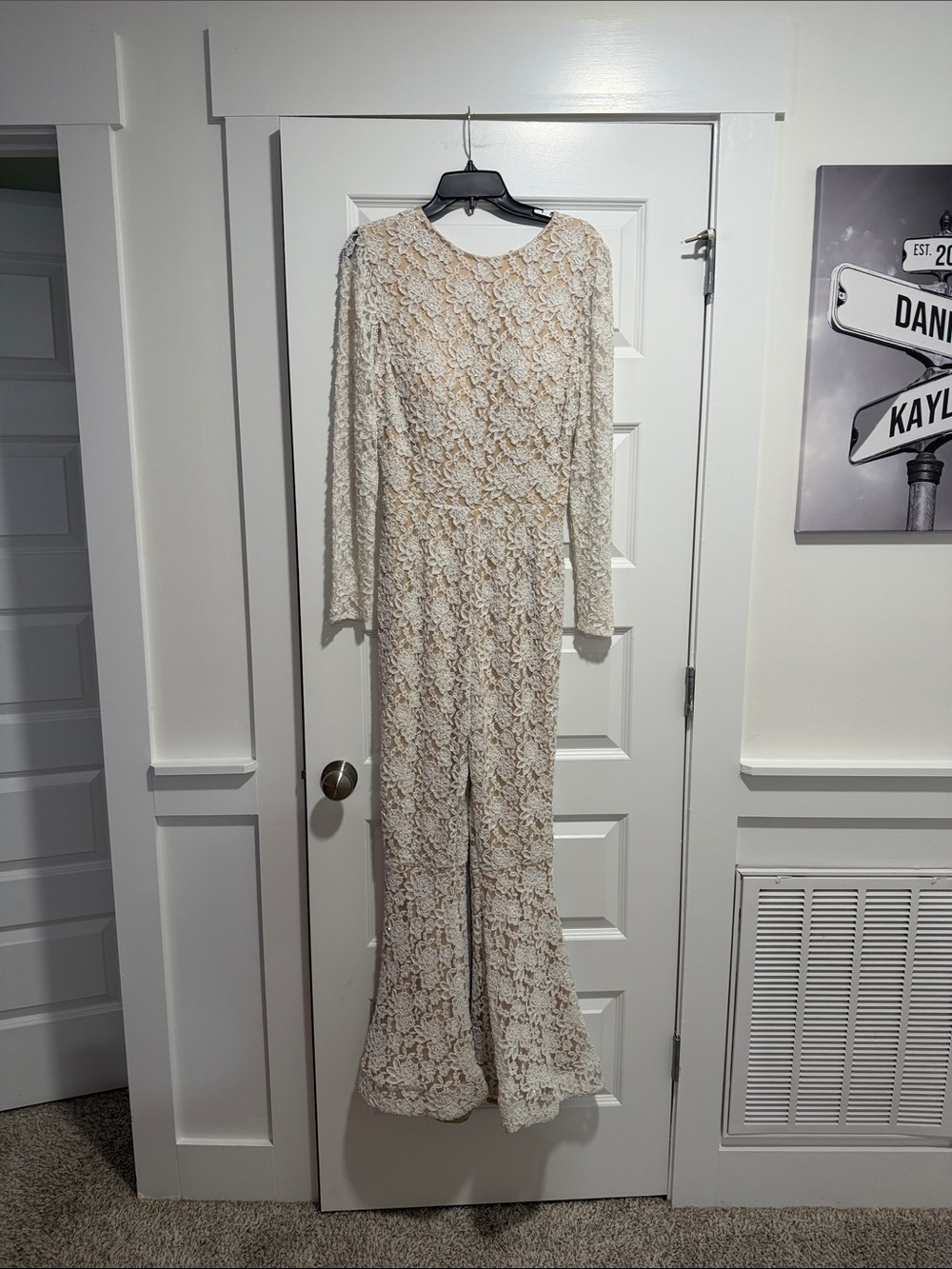 Cream Lace Long-Sleeve Jumpsuit with Flared Leg